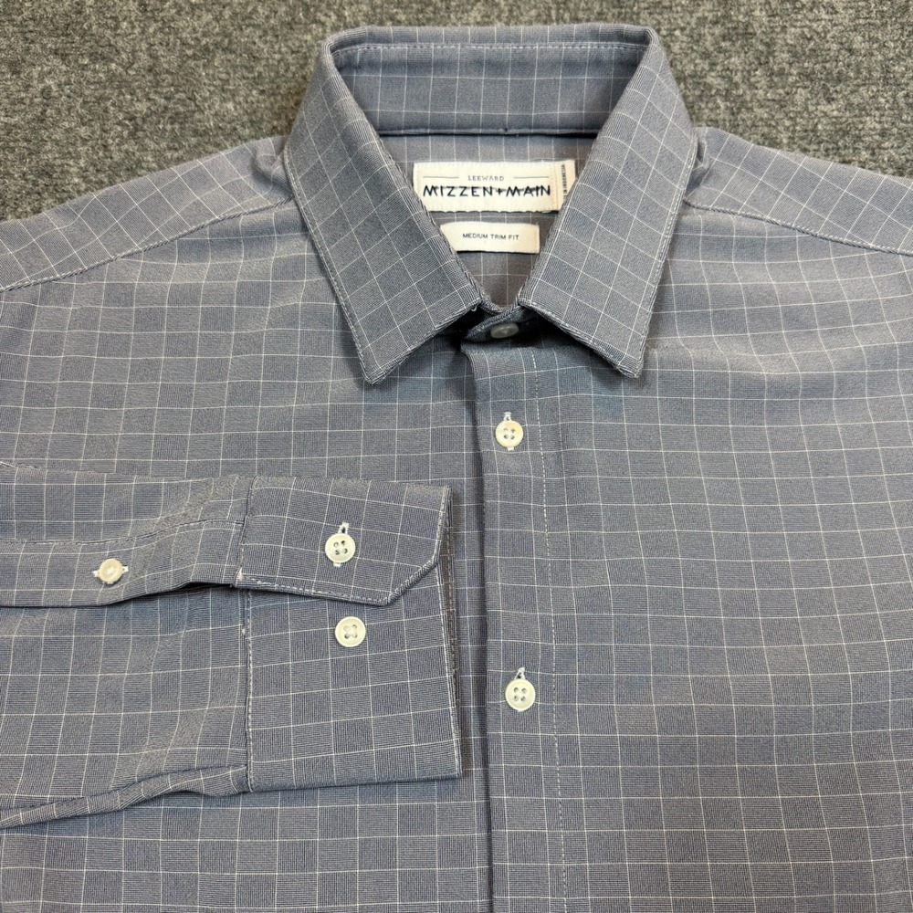 Mizzen+Main Leeward Dress Shirt Blue Grid Performance Medium Trim Fit Mens